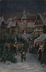 Fröhliche Weihnachten! Snowy Village Christmas Scene by Schröplin Postcard