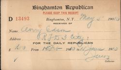 Binghamton Republican Newspaper Subscription Receipt 1910 Postcard