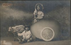 Children Pulling Giant Easter Egg with Sheep, Happy Easter Greeting Postcard