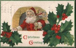 Santa Claus with Children & Holly, Christmas Greeting 1910 Postcard