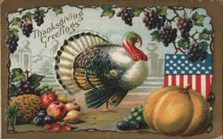 Thanksgiving Greetings with Turkey, Pumpkin, Grapes, American Flag Postcard