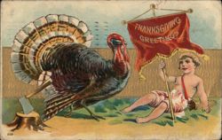 Thanksgiving Greetings Turkey and Child with Banner Postcard