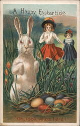 Easter Rabbit and Girls with Eggs, 'A Happy Eastertide' Postcard