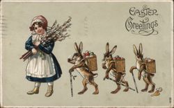 Easter Greetings: Girl with Pussy Willows and Bunnies Carrying Eggs Postcard