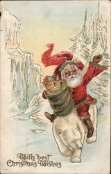 Santa Claus Rides Polar Bear with Gifts, Christmas Wishes Postcard