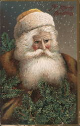 Santa Claus with White Beard and Fur Hat, Merry Christmas Greeting Postcard