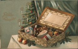 Christmas Basket with Gifts and Decorated Tree, Fröhliche Weihnachten Postcard