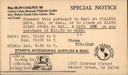 COALPEX '83 Stamp Show & Globe Stamp Store Advertisement, Walnut Creek CA Postcard