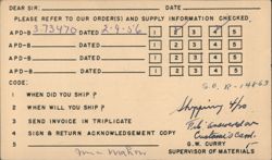 General Electric Aircraft Products Dept. Shipping Inquiry & Acknowledgement 1956 Postcard