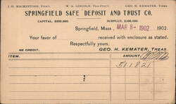 Springfield Safe Deposit & Trust Co. Receipt Postal Card 1902 Postcard