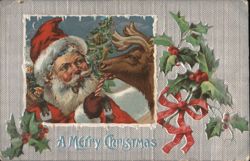 Santa Claus and Reindeer Sharing Candy Cane, A Merry Christmas Postcard