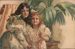 Two Girls with Yellow Bird and Potted Plant Postcard