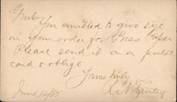 1885 Business Order for Brass Paper from R. N. Gantry Postcard