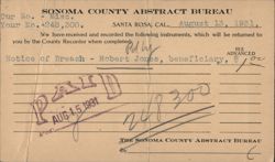 Sonoma County Abstract Bureau Notice of Breach for Robert Jones, 1931 Postcard