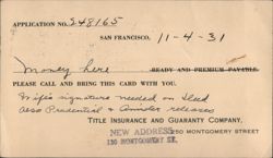 Title Insurance & Guaranty Co. Transaction Card, San Francisco 1931 Postcard