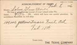 Texas Company Acknowledgment of Order for Fuel Oil to Salem Glass Works 1916 Postcard