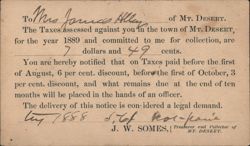 1889 Mt. Desert Tax Notice to Mrs. James Alley, Signed J.W. Somes, Maine Postcard