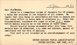 UN Postal Administration Delay Notice for Stamp Orders, New York 1963 Postcard
