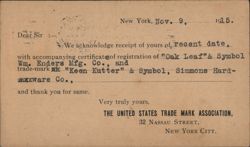United States Trade Mark Association Acknowledgment, New York 1915 Postcard