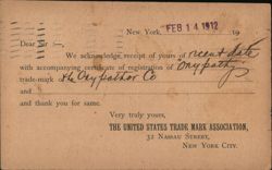 United States Trade Mark Association Acknowledgment of Trademark Registration, 1912 Postcard