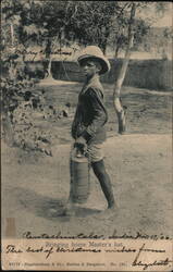 Indian Boy Bringing Master's Hat & Tiffin Carrier, Rentachintala, India 1906 Postcard