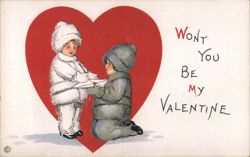 Children in Winter Clothes with Red Heart, Won't You Be My Valentine Postcard