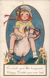 Girl on Duck with Easter Eggs, 'Happiest Happy Easter' Greeting Postcard
