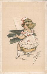 Little Girl Playing Piano with Pink Bow, Artist Signed Elda Cenni Postcard