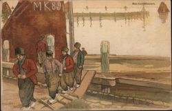 Dutch Fishermen Walking on Dock by Boat MK89 in Marker Haven Postcard