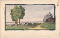 Watercolor Landscape with Lake, Path, Trees, and House, 1911 Postcard