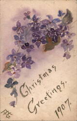 Christmas Greetings 1907 with Purple Flowers Watercolor Postcard