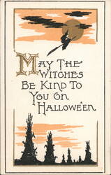 Halloween Greeting Witches Flying by Full Moon Spooky Trees Postcard