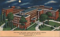 Night Baptist Hospital Bowman Gray Winston-Salem NC Linen Postcard