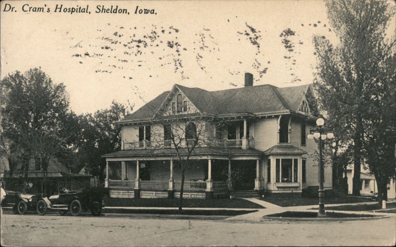 Dr. Cram's Hospital with Vintage Automobile Sheldon Iowa