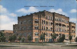 Pensacola Hospital, Large Brick Building with Awnings Postcard