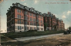 Mercy Hospital, Large Brick Building on Hill Postcard
