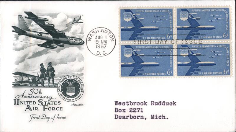 1957 6c USAF Fiftieth Anniversary Block of 4 First Day Cover