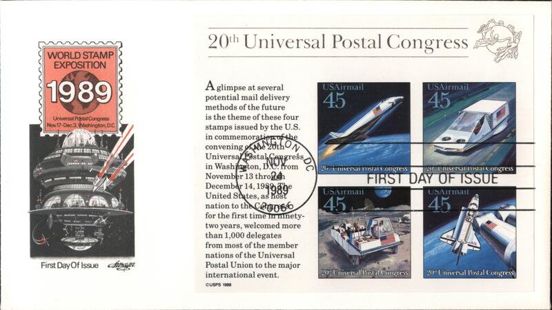 1989 45c 20th Universal Postal Congress FDC First Day Covers