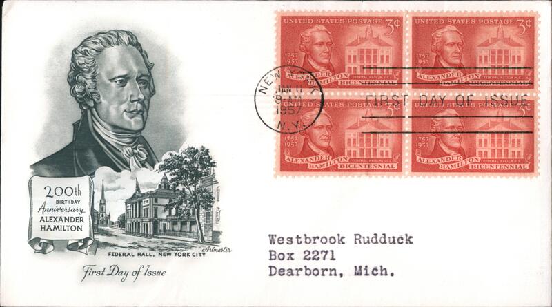 1957 3c Alexander Hamilton First Day Cover First Day Covers