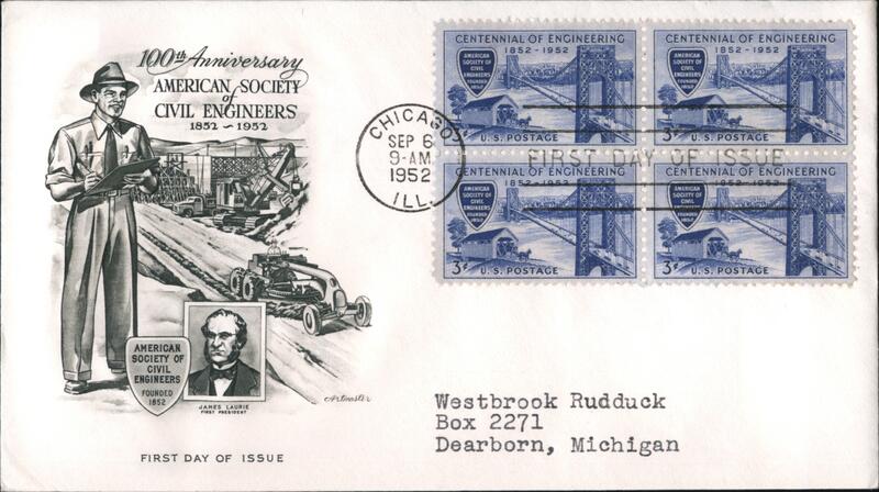 1952 3c Centennial of Engineering Block of 4 Stamps FDC