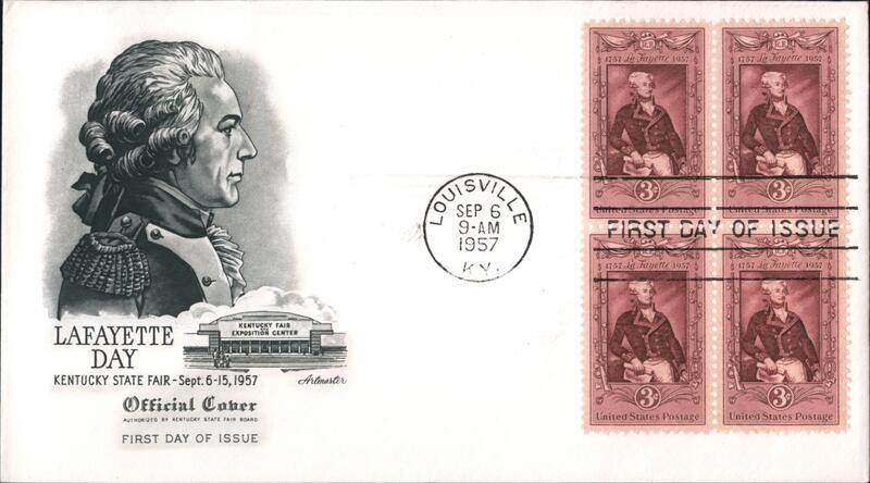 1957 3c Lafayette Block of Four Stamps First Day Cover