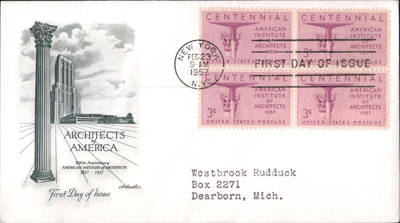1957 3c American Institute of Architects Centennial Block of 4 Stamps First Day Cover