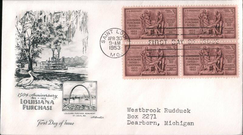 1953 3c Louisiana Purchase Sesquicentennial Block of Four Stamps First Day Cover
