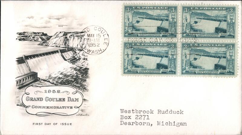 1952 3c Grand Coulee Dam Block of Four Stamps First Day Cover