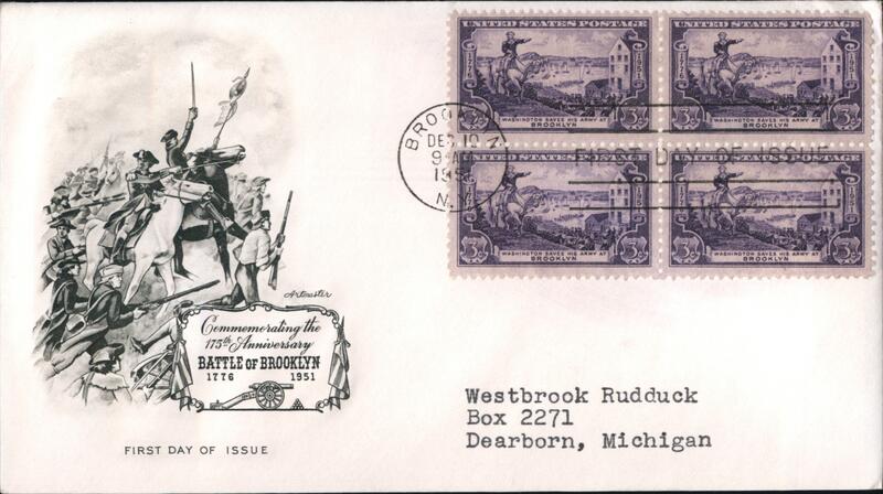 1951 3c Washington Saves His Army at Brooklyn Block of 4 Stamps First Day Cover