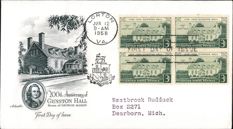 1958 3c Gunston Hall Block of Four First Day Cover