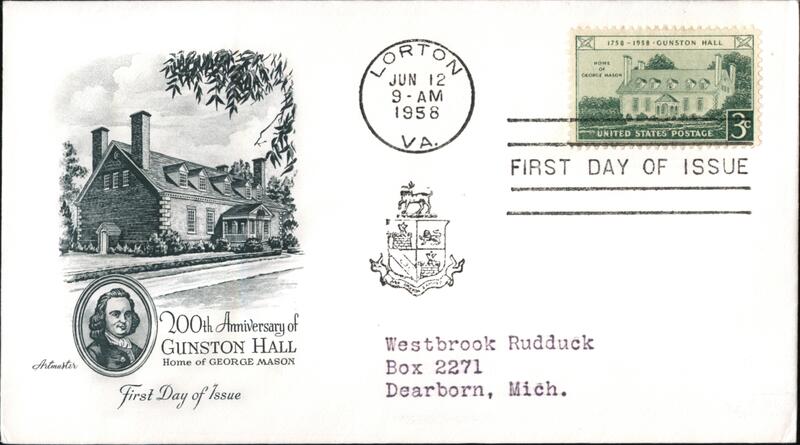 1958 3c Gunston Hall First Day Cover First Day Covers