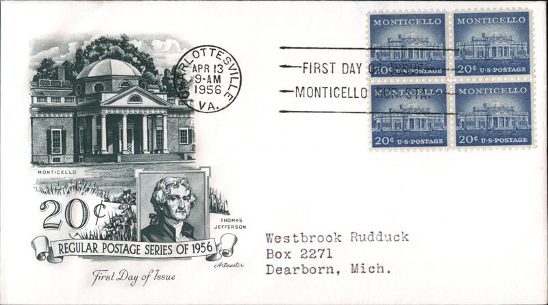 1956 20c Monticello Block of Four Stamps First Day Cover