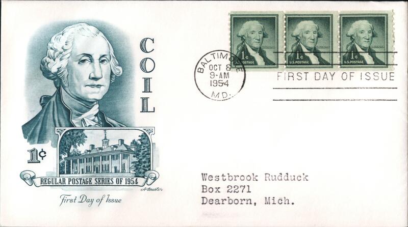 1954 1c Washington Regular Postage Block of Stamps First Day Cover