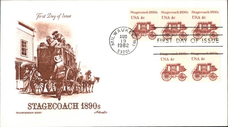 1982 4c Stagecoach 1890s Block of Stamps FDC First Day Covers